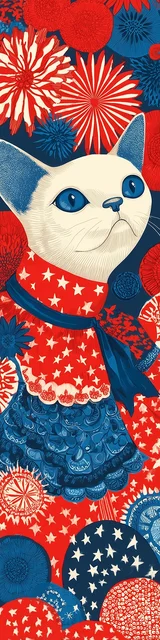 Cat bookmarks featuring a white cat red white and blue theme